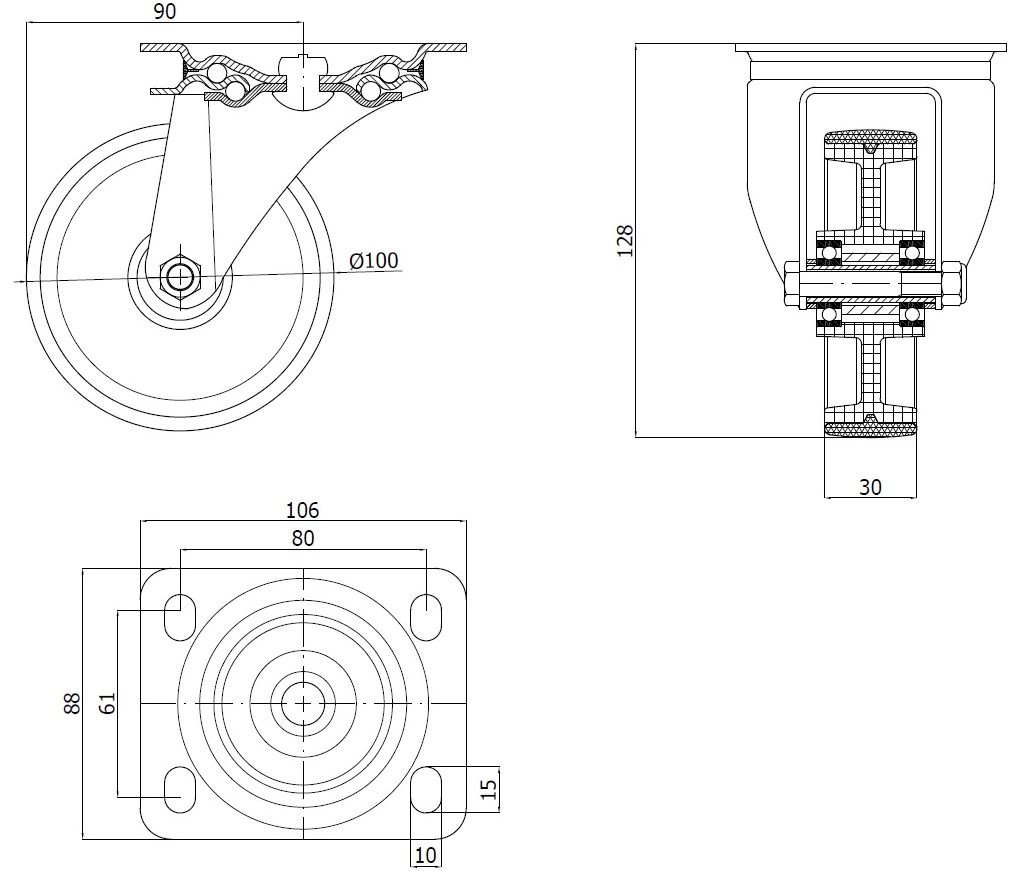 Plastové kolo 100 mm otočná vidlice s deskou