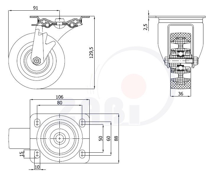 Pryžové kolo 100 mm otočná vidlice s deskou