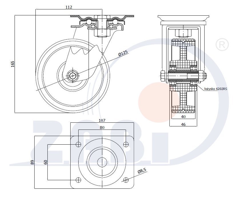 Plastové kolo 125 mm otočná vidlice s deskou