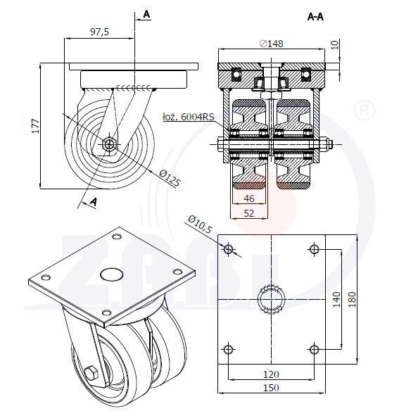 Polyuretanové kolo zdvojené 125 mm