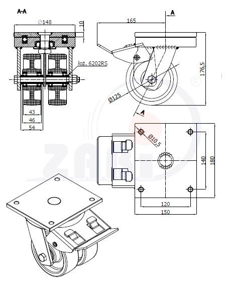 Polyamidové kolo zdvojené 125 mm s brzdou