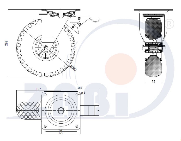 Elastické kolo 260 mm s otočnou vidlicí a brzdou