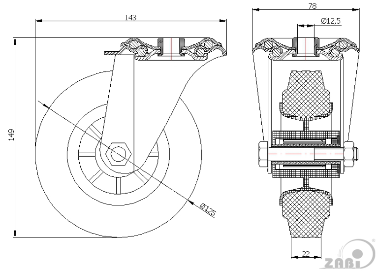 Pryžové kolo 125 mm otočná vidlice s deskou