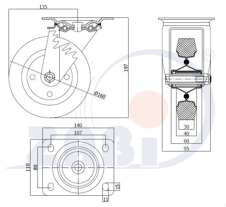 Pryžové kolo 160 mm otočná vidlice s deskou