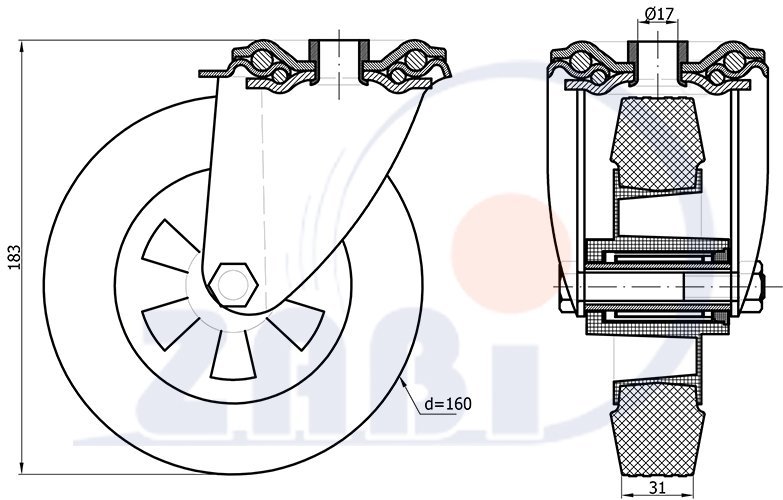 Pryžové kolo 160 mm otočná vidlice s otvorem