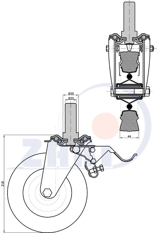 Pryžové kolo 180 mm otočná vidlice s brzdou a čepem ZABI