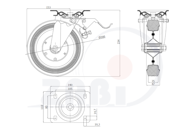 Pryžové kolo 200 mm otočná vidlice s deskou ZABI