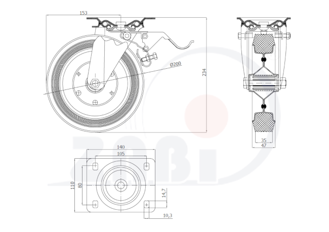 Pryžové kolo 200 mm otočná vidlice s deskou