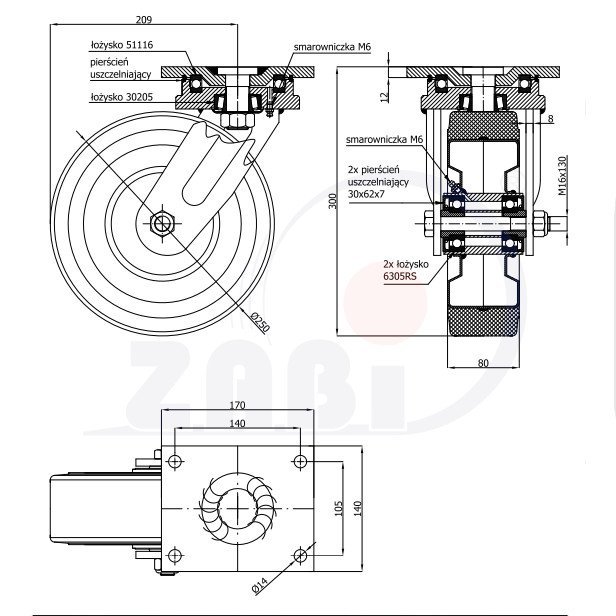 Kolo pro pluh a zametač 250 mm otočná vidlice