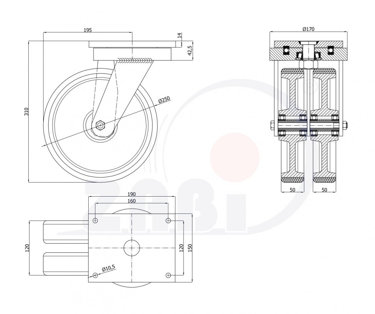 Transportní vysoko zátěžové kolo zdvojené ZABI 250 mm