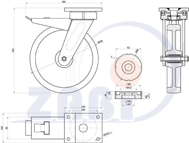 Polyamidové kolo 250 mm otočná vidlice