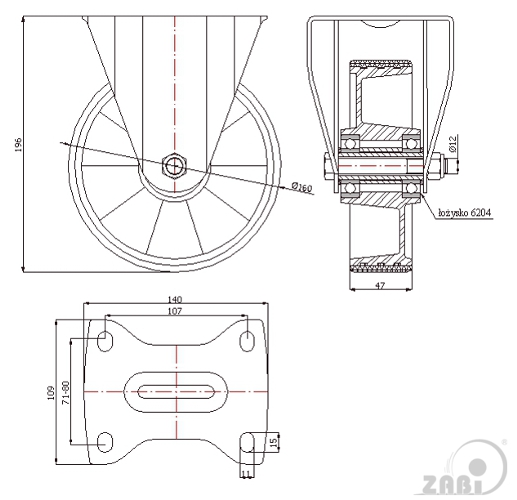 Polyuretanové kolo 160 mm pevná vidlice