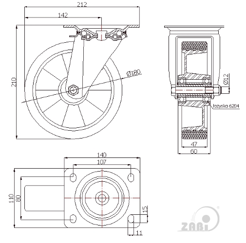 Polyuretanové kolo 180 mm otočná vidlice