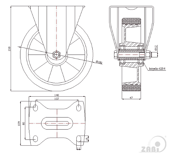 Polyuretanové kolo 180 mm pevná vidlice