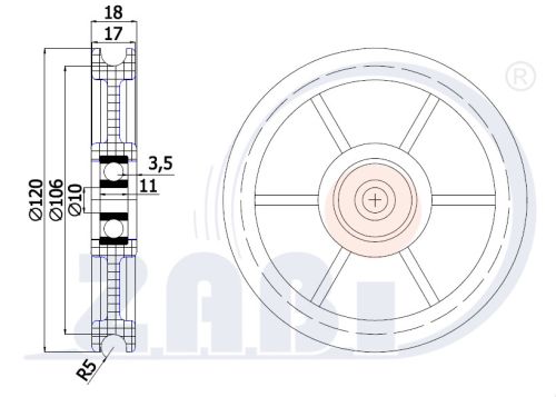 Kladka plastová profilovaná 120mm s ložiskem