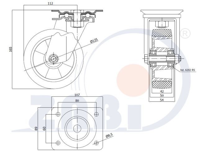 Pryžové kolo 125 mm otočná vidlice s deskou