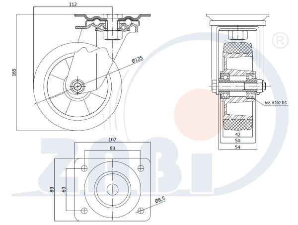 Pryžové kolo 125 mm otočná vidlice s deskou