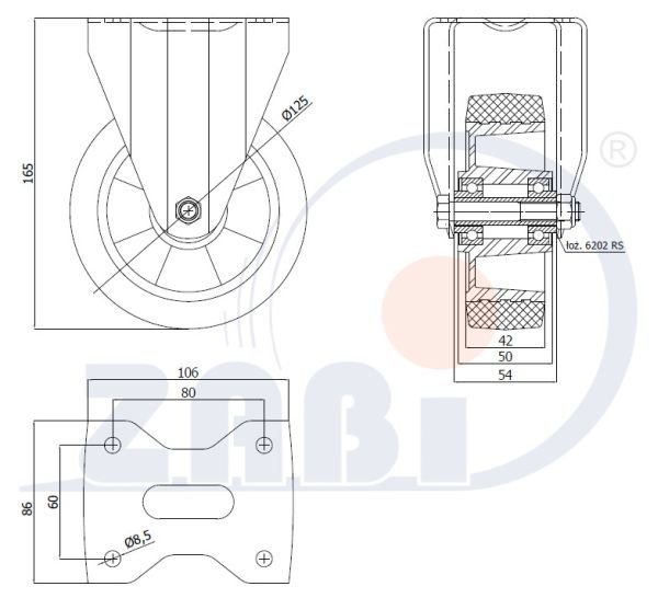 Pryžové kolo 125 mm pevná vidlice s deskou