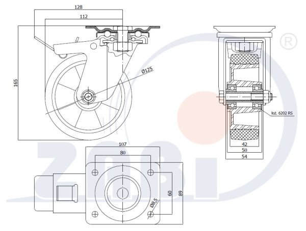 Pryžové kolo 125 mm otočná vidlice s deskou