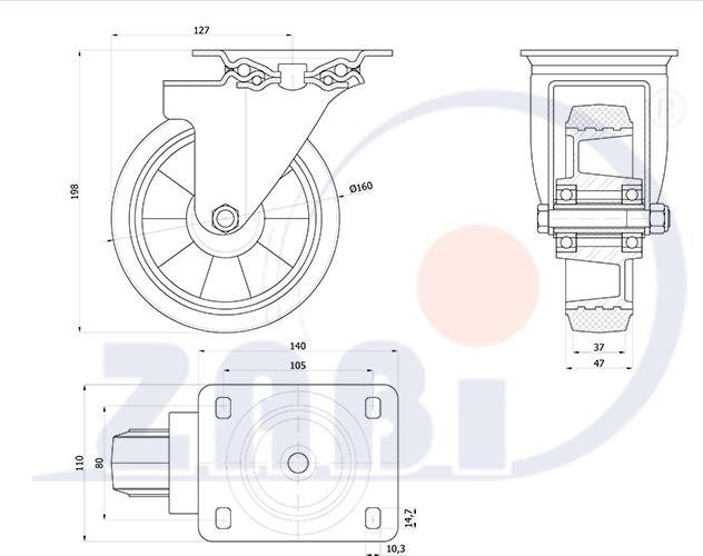 Pryžové kolo 160 mm otočná vidlice s deskou