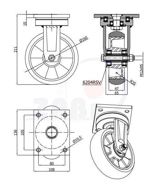 Vysokozátěžové kolečko pro snadnou manipulaci ZABI 160 mm