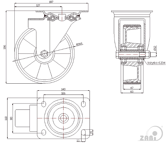 Polyuretanové kolo 160 mm otočná vidlice