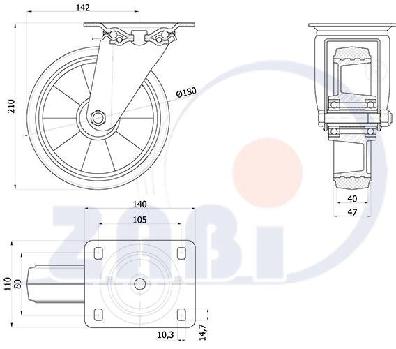 Pryžové kolo 180 mm otočná vidlice s deskou