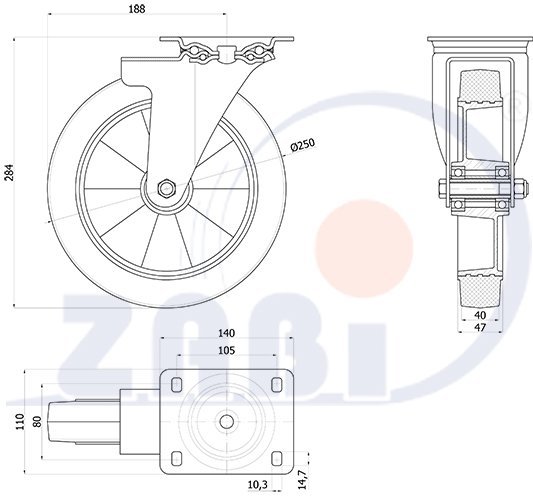 Pryžové kolo 250 mm otočná vidlice s deskou