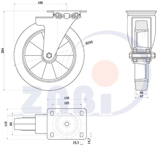 Pryžové kolo 250 mm otočná vidlice s deskou