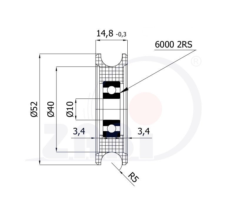 Plastová kladka s ložiskem pro lanko 52 mm 