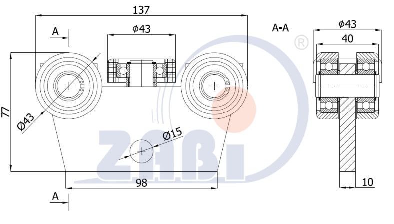 Nosný vozík závěsných dveří a vrat 50 mm ZABI