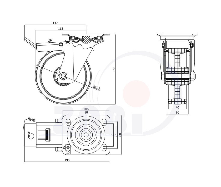 Plastové kolo 125 mm nerezová otočná vidlice ZABI