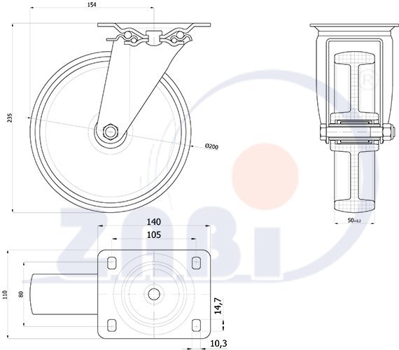 Plastové kolo 200 mm nerezová otočná vidlice ZABI