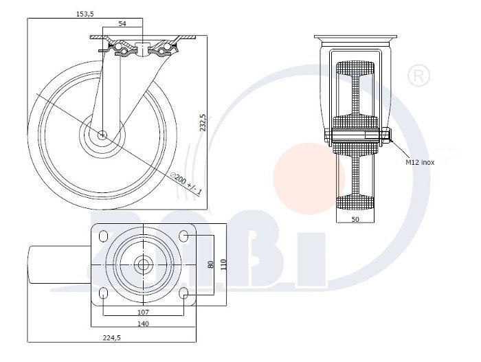 Plastové kolo 200 mm nerezová otočná vidlice ZABI