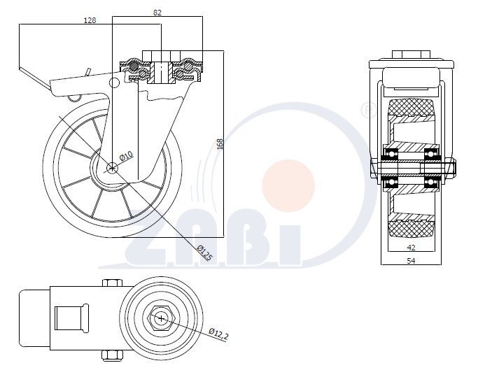 Pryžové kolo 125 mm otočná vidlice s otvorem ZABI