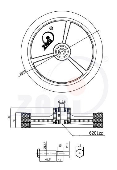 Univerzální kolo pro sekačky s ložiskem a šroubem 200 mm ZABI 