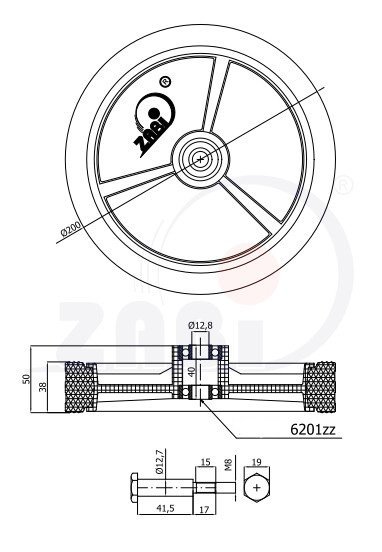 Univerzální kolo pro sekačky s ložiskem a šroubem 200 mm ZABI 