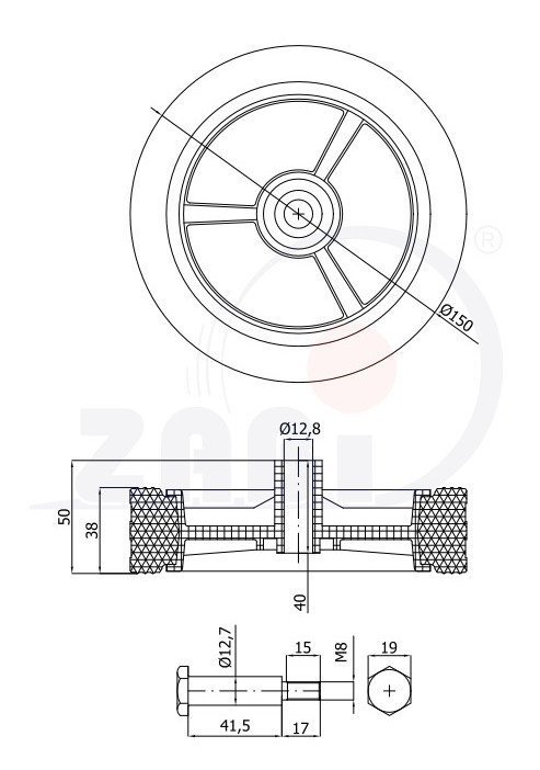 Univerzální kolo pro zahradní sekačku s ložiskem a šroubem 150 mm ZABI