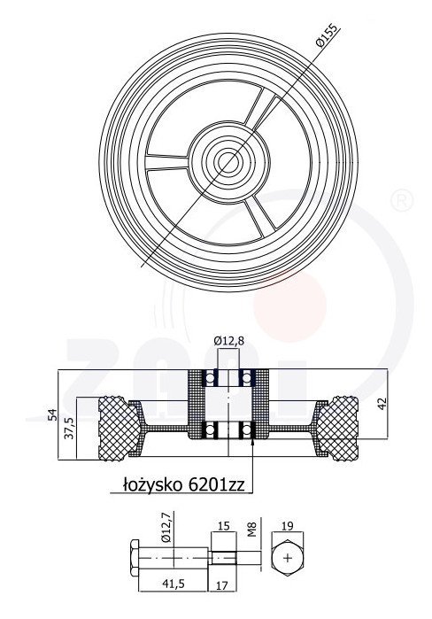 Univerzální kolo pro zahradní sekačku s ložiskem a šroubem 150 mm ZABI