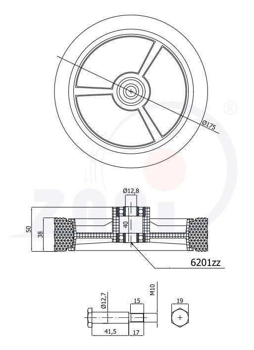 Univerzální kolo pro zahradní sekačku s ložiskem a šroubem 175 mm ZABI