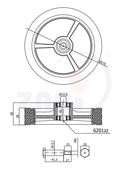 Univerzální kolo pro zahradní sekačku s ložiskem a šroubem 175 mm ZABI