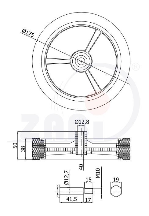 Univerzální kolo pro zahradní sekačku se šroubem 175 mm ZABI