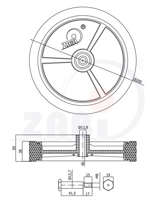 Univerzální kolo pro zahradní sekačku se šroubem 200 mm ZABI